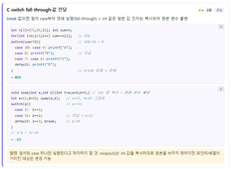 핵심 개념카드 · 값 전달 vs 포인터